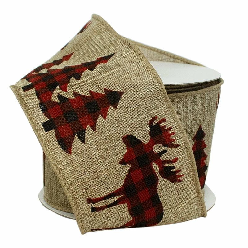 Wired |  2 1/2" Wired Ribbon | "Reindeer Tree" Natural/Red/Black | 10 Yard Roll Ribbon Wired