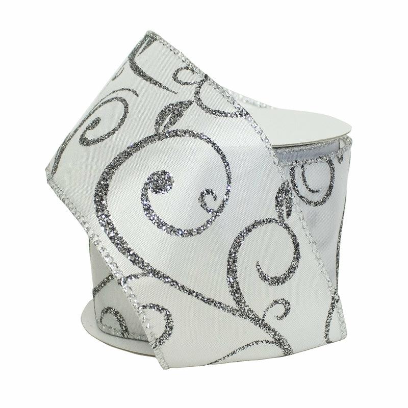 Wired |  2 1/2" Wired Ribbon | "Scroll" White/Silver | 10 Yard Roll Ribbon Wired