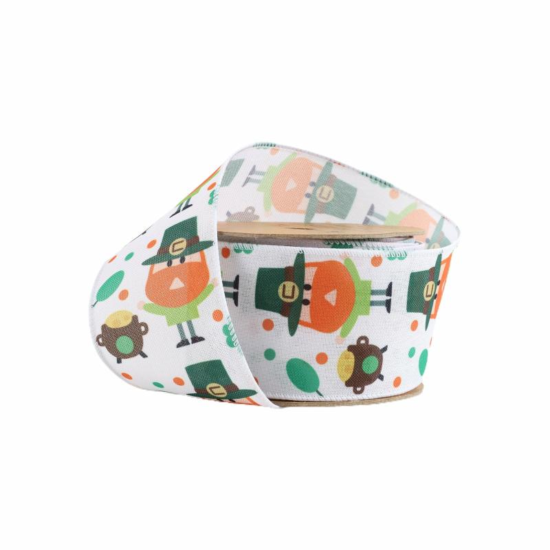 Wired |  2 1/2 Wired Ribbon | White W/ Leprechaun & Pot O’Gold | 10 Yard Roll Ribbon Wired