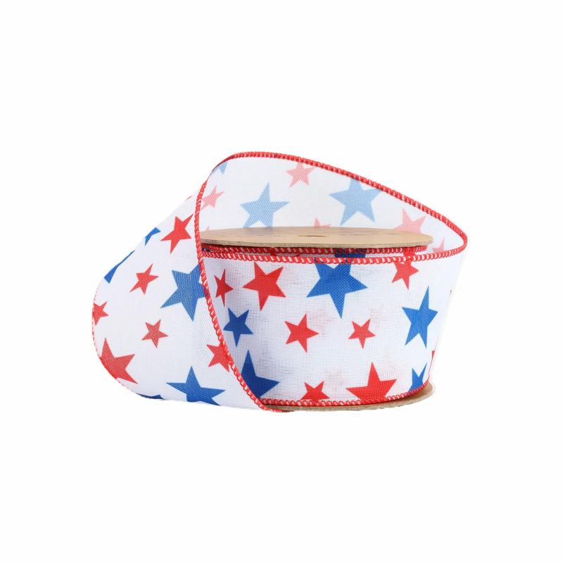 Wired |  2 1/2 Wired Ribbon | White W/ Red/Blue Stars | 10 Yard Roll Ribbon Wired