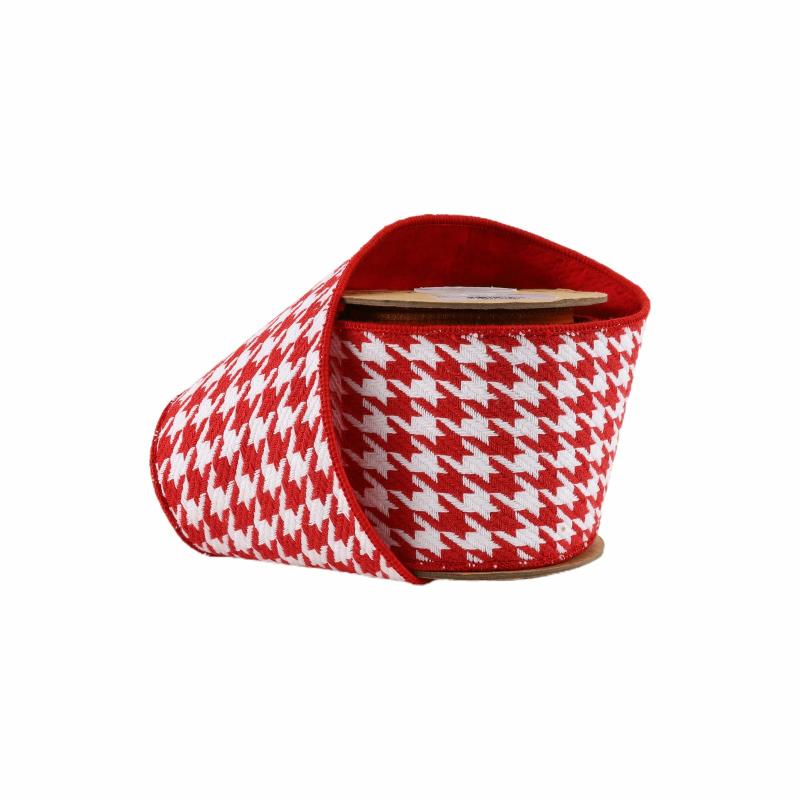 Wired |  4" Wired Ribbon | Red/White Houndstooth W/ Double-Fused Red Tafetta Backing | 5 Yard Roll Ribbon Wired