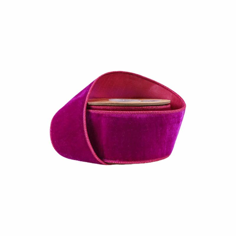 Velvet |  2 1/2" Wired Premium Velvet Ribbon | Hot Pink W/ Pink Dupioni Backing | 5 Yard Roll Ribbon Velvet