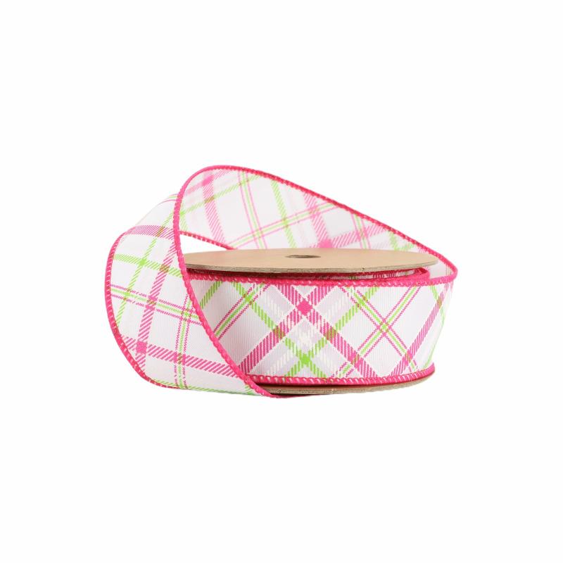 Wired |  1 1/2" Wired Ribbon | White W/ Pastel Pink And Green Bias Plaid | 10 Yard Roll Ribbon Wired