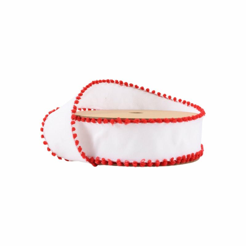 Wired |  1 1/2" Wired Ribbon | White W/ Red Pom Pom Edge | 10 Yard Roll Ribbon Wired