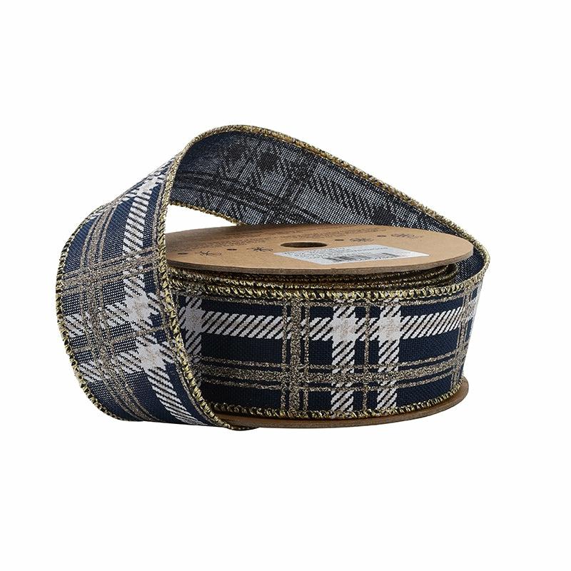 Wired |  1 1/2" Printed Wired Ribbon | Plaid Blue/White/Gold | 10 Yard Roll Ribbon Wired