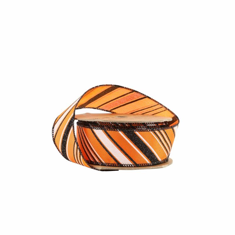 Wired |  1 1/2" Wired Ribbon | Candy Stripe On Orange | 10 Yard Roll Ribbon Wired