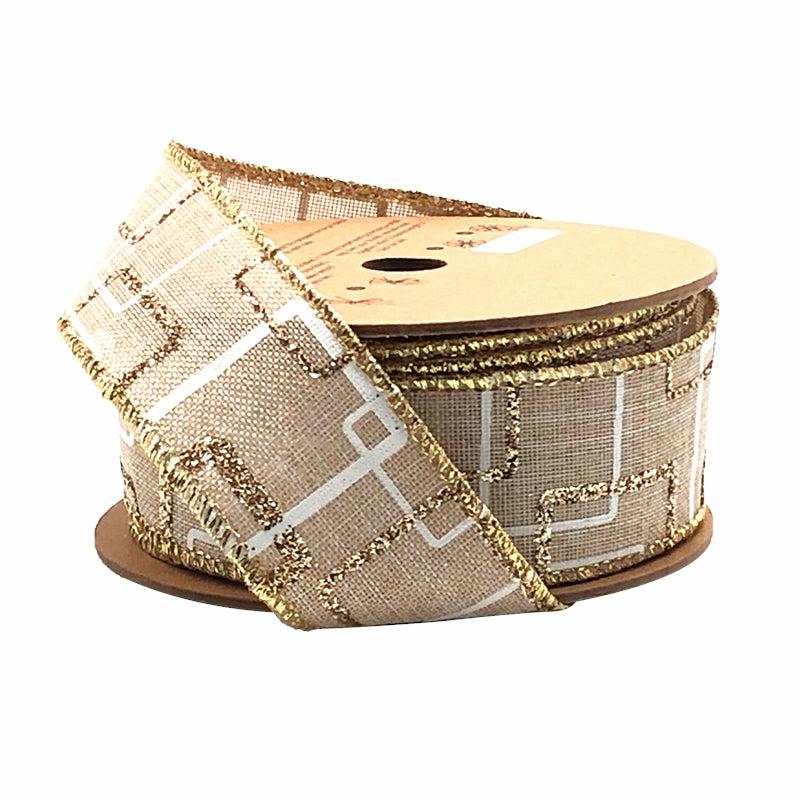 Wired |  1 1/2" Wired Ribbon | "Glitter Geometric" Natural/Gold/White | 10 Yard Roll Ribbon Wired