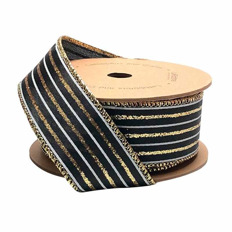 Wired |  1 1/2" Wired Ribbon | "Glitter Striped" Black/White/Gold | 10 Yard Roll Ribbon Wired