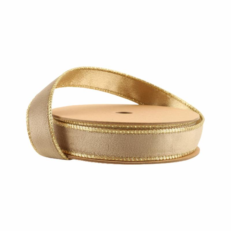 Wired |  1" Reversible Classic Velvet Wired Ribbon | Latte/Gold | 10 Yard Roll Ribbon Velvet