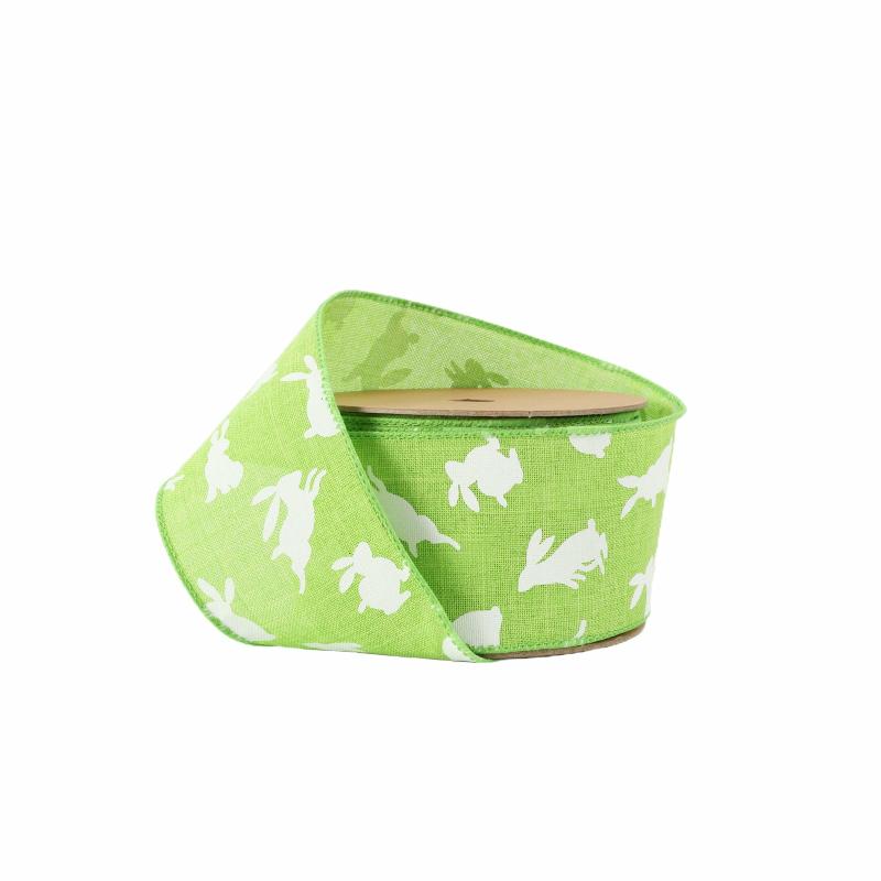 Wired |  2 1/2" Wired Ribbon | Green W/ White All Over Bunny | 10 Yard Roll Ribbon Wired