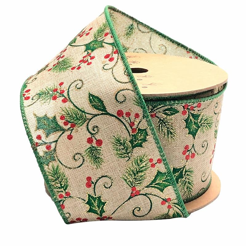 Wired |  2 1/2" Wired Ribbon | "Holly Scroll" Natural/Green Multi | 10 Yard Roll Ribbon Wired