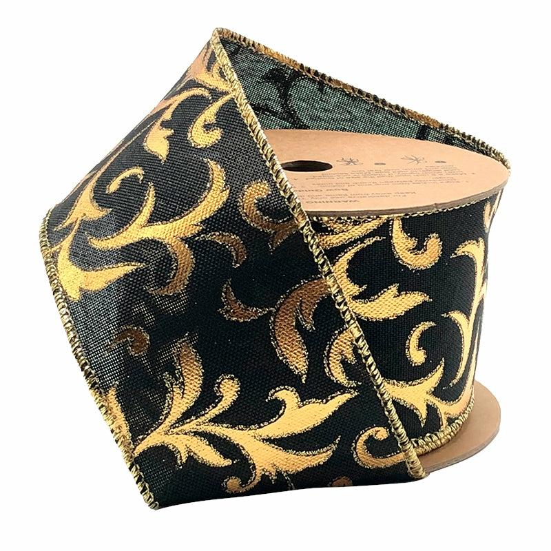 Wired |  2 1/2" Wired Ribbon | "Metallic Brocade" Black/Gold | 10 Yard Roll Ribbon Wired