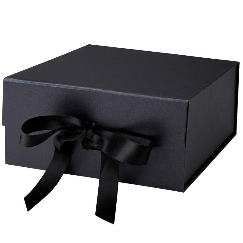 Everyday |  8" X 8" X 4" Collapsable Gift Box W/ Satin Ribbon & Magnetic Square Flap Lid | Black Everyday Everyday