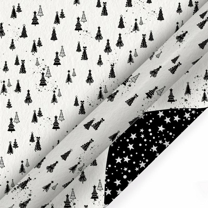 Holiday |  30" X 10′ Holiday Reversible Wrapping Paper | Black And White Winter Trees/White Stars On Black 10' Rolls 10' Rolls