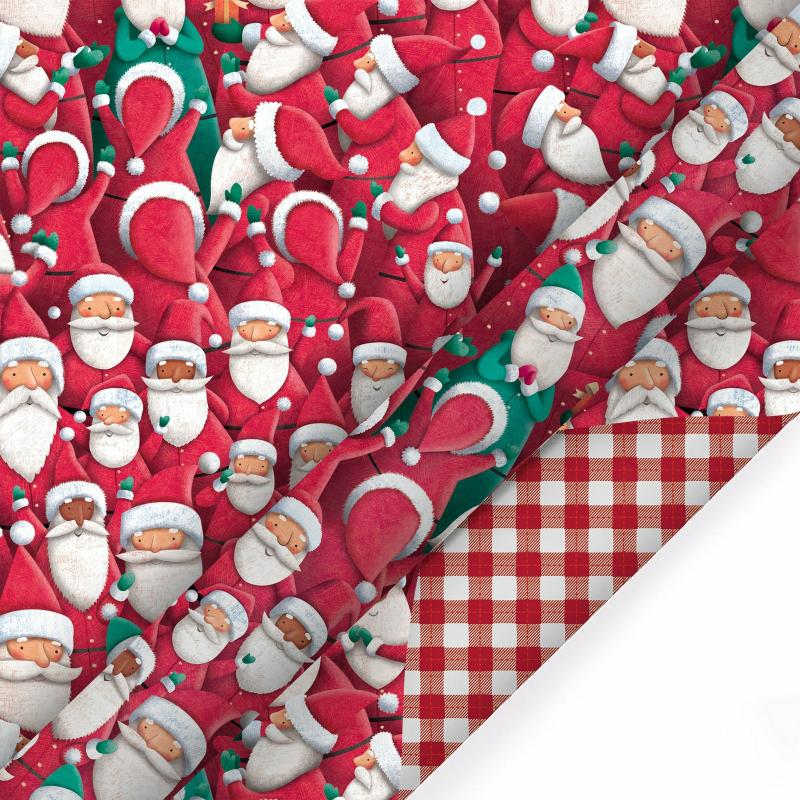 Holiday |  30" X 10′ Holiday Reversible Wrapping Paper | Joyful Santa Bunch/Red And White Buffalo Plaid 10' Rolls 10' Rolls