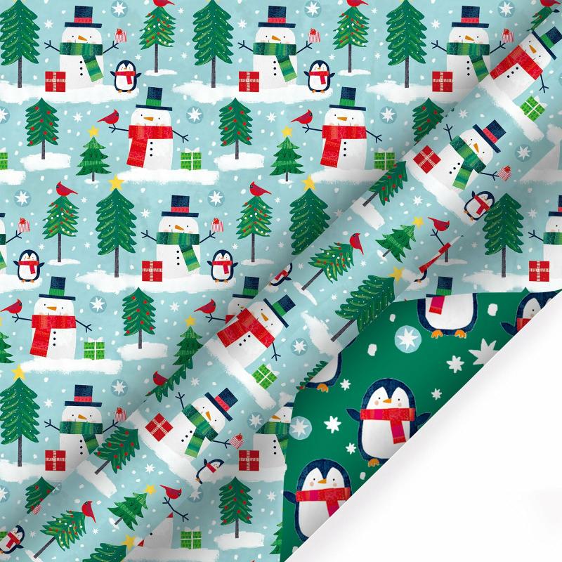 Holiday |  30" X 10′ Holiday Reversible Wrapping Paper | Winter Friends Snowman/Penguin 10' Rolls 10' Rolls