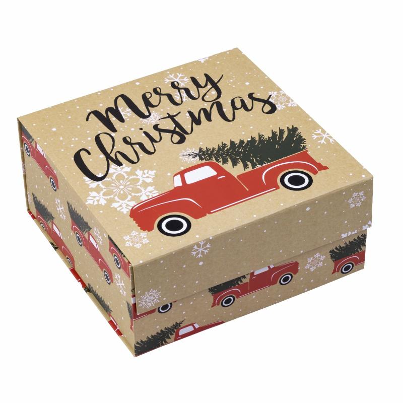 Holiday |  8" X 8" X 4" Collapsable Holiday Gift Box W/ 2-Pcs White Tissue Paper & Magnetic Square Flap Lid | Red Truck And Christmas Tree Gift Boxes Holiday