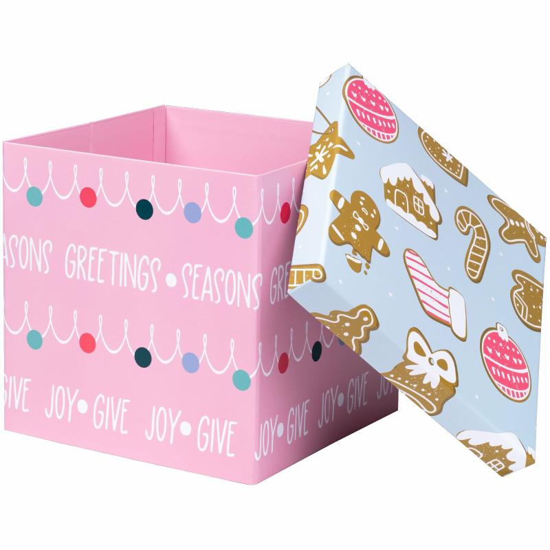 Holiday |  9" X 9" X 9" Collapsable Holiday Gift Box W/ 2-Pcs White Tissue Paper & Removable Lid | "Christmas Ornaments" Pink/Blue Gift Boxes Holiday